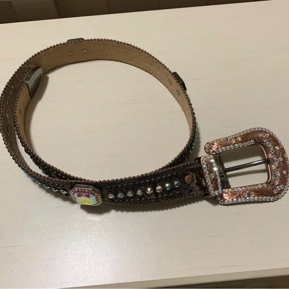 B.B. Simon Swarovski Crystal Brown Leather Bling Belt  display picture 2